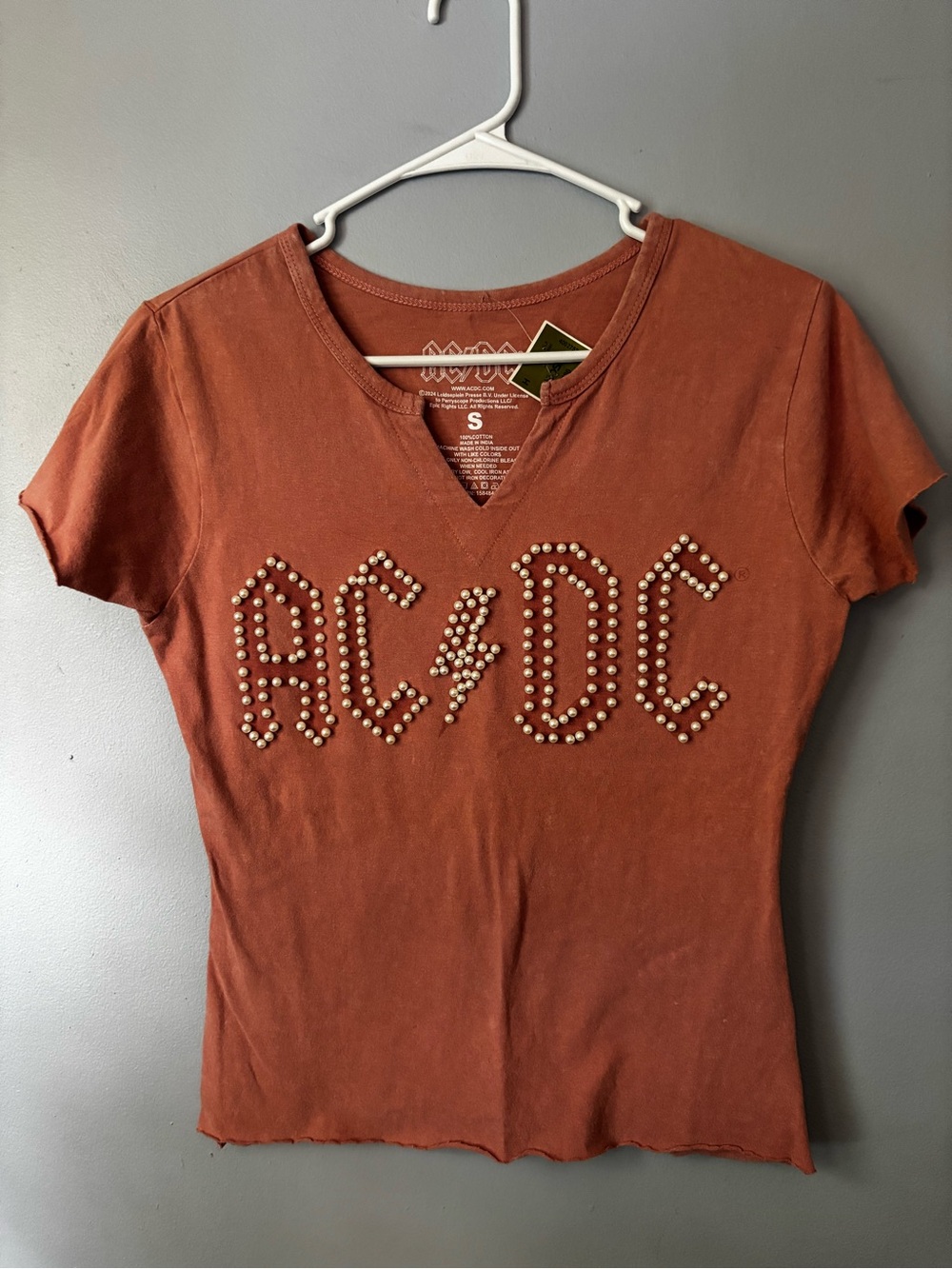 AC/DC Women's Rust Studded Logo V-Neck Tee